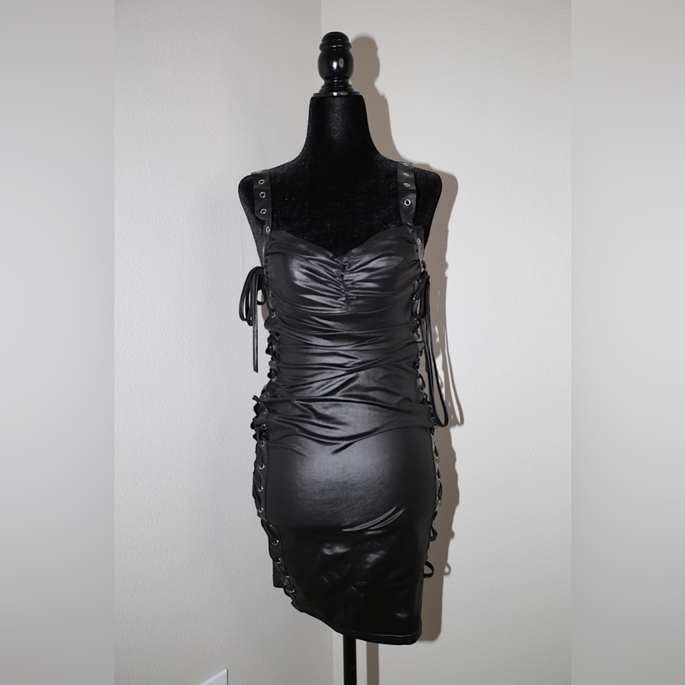 Faux leather tie up dress